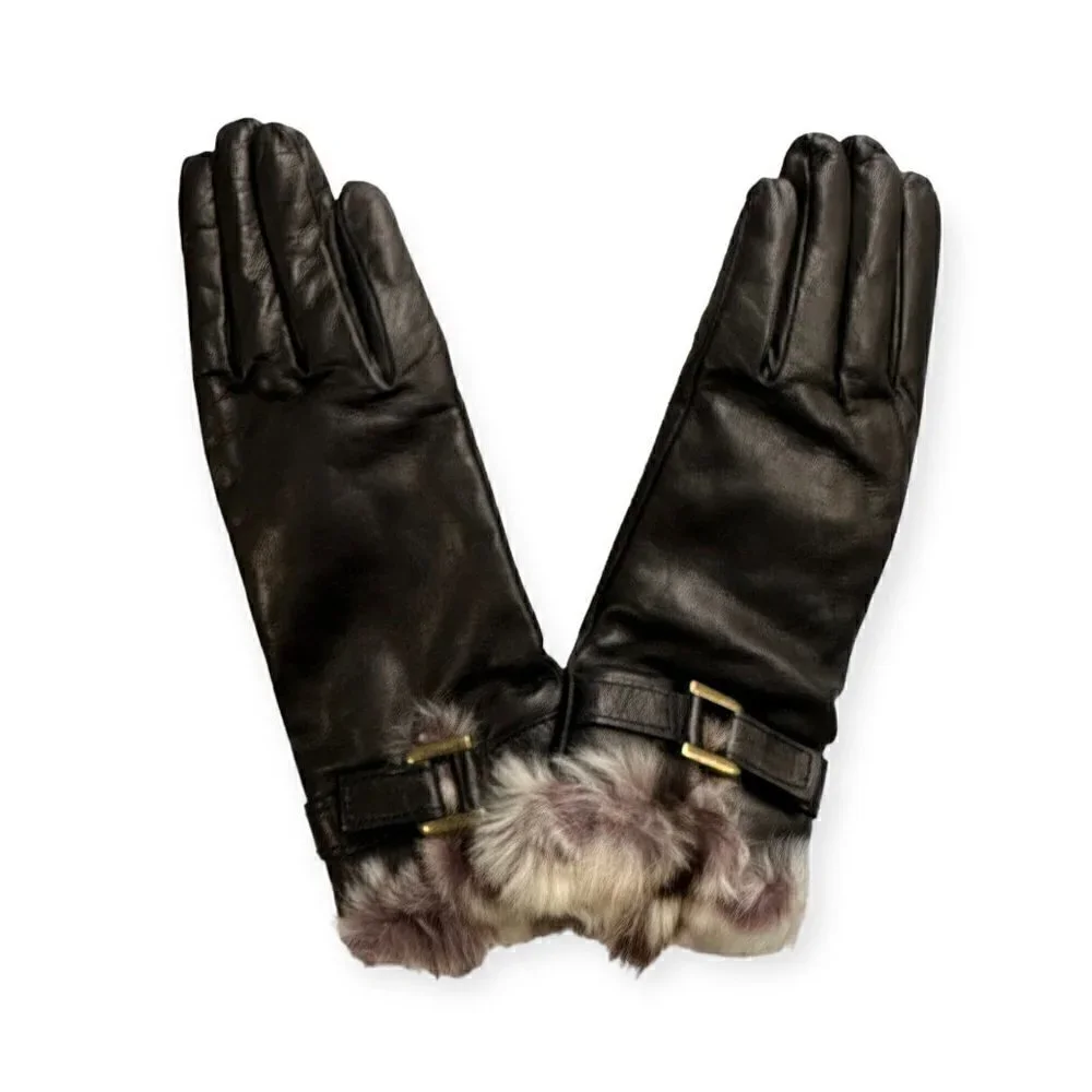 Sermoneta Leather Cashmere Lined gloves with Rabbit fur Trim size 7.5, Black NWT